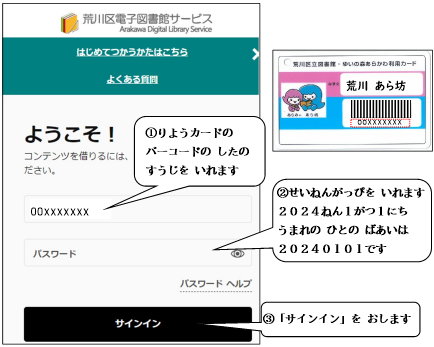 まず、サインイン画面のはじめの入力欄には図書館の利用カードの番号を、次の入力欄にはパスワードを入力します。パスワードは、最初は生年月日になっています。2024年1月1日生まれの人の場合は20240101です。最後にサインインボタンを押します。